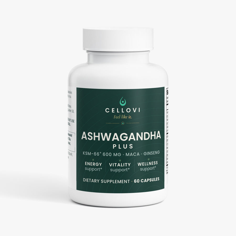 Cellovi Ashwagandha Plus KSM-66 600 mg capsules, front of the label
