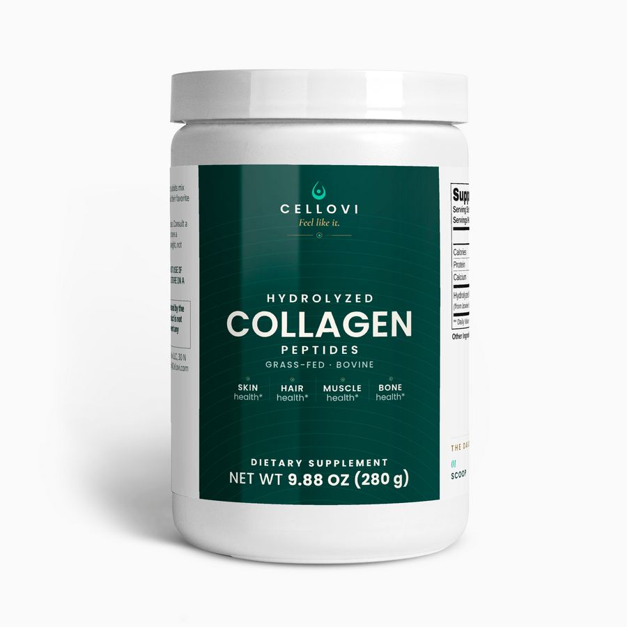 Cellovi Grass-Fed Collagen Peptides powder, 20 g per scoop, front of the label