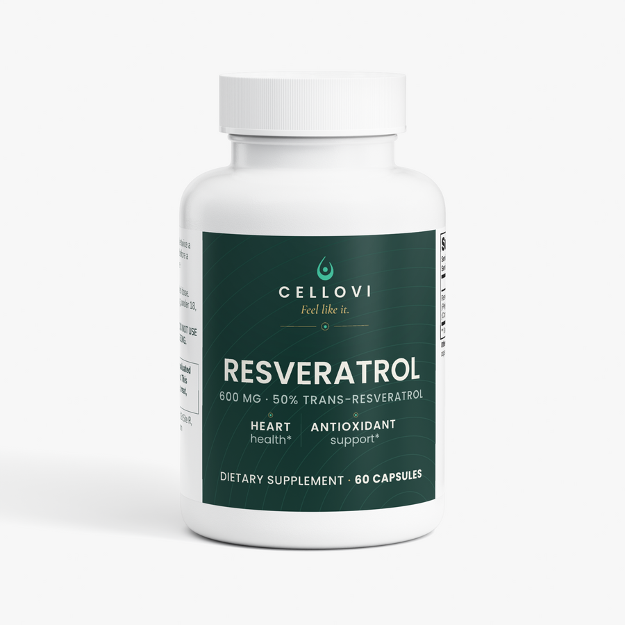 Cellovi Resveratrol 600 mg capsules, front of the label
