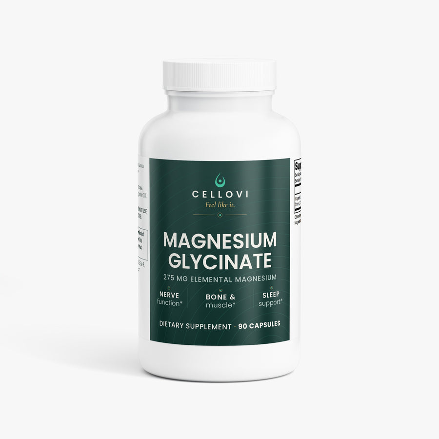 Cellovi Magnesium Glycinate capsules, 275 mg elemental magnesium, front of the label