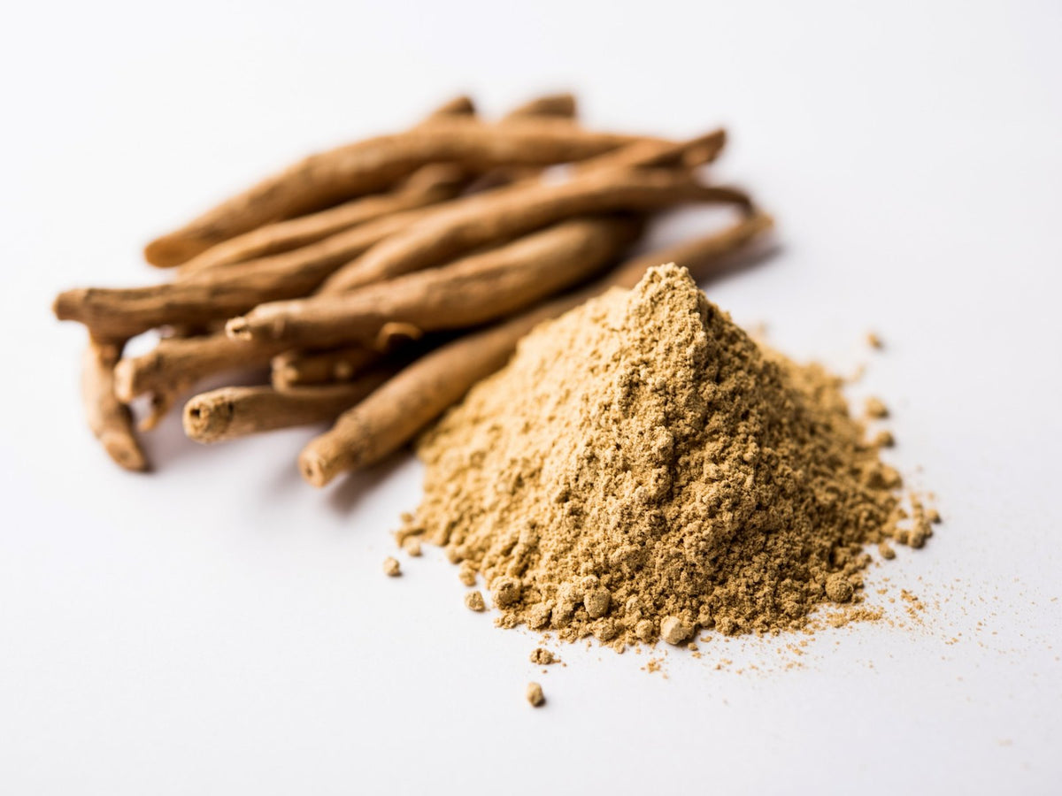 Dried ashwagandha roots beside a pile of root powder
