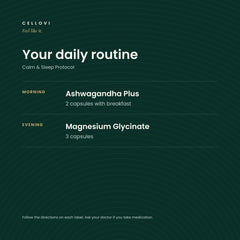 Calm & Sleep Protocol daily routine: ashwagandha with breakfast, magnesium in the evening