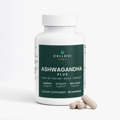 Cellovi Ashwagandha Plus bottle, KSM-66® ashwagandha 600 mg with maca and ginseng: two capsules with breakfast