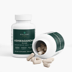 Open bottle of Cellovi Ashwagandha Plus spilling capsules, 60 capsules for the busy week