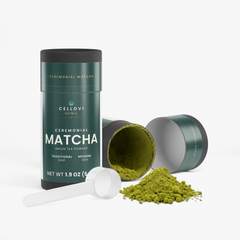 Open tin of Cellovi Ceremonial Matcha with a scoop: one teaspoon, whisked, for the first hour