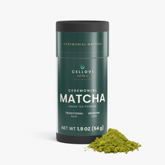 Cellovi Ceremonial Matcha tin with bright green matcha powder, shade-grown in Kyoto, Japan, 54 g