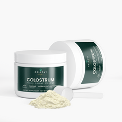 Open tub of Cellovi Colostrum Powder with a scoop: one scoop in 6 to 8 oz of cold water each morning