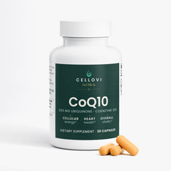 Cellovi CoQ10 bottle with orange capsules, 200 mg ubiquinone: one capsule with breakfast
