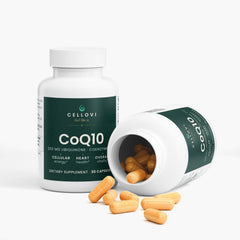Open bottle of Cellovi CoQ10 spilling capsules, 200 mg coenzyme Q10 (ubiquinone), 30 capsules