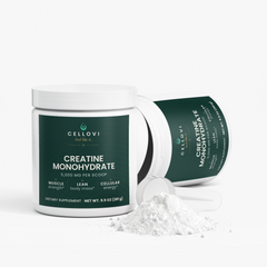 Open tub of Cellovi Creatine Monohydrate with a scoop of powder: one scoop in 8 oz of water, juice or coffee