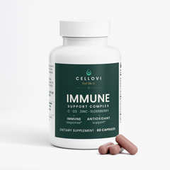 Cellovi Immune Support Complex bottle with capsules, vitamin C, D3, zinc and elderberry: two capsules with breakfast