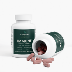 Open bottle of Cellovi Immune Support Complex spilling capsules, with elderberry and echinacea extracts