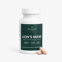 Cellovi Lion's Mane bottle with capsules, 1,000 mg organic lion's mane mushroom: two capsules with lunch