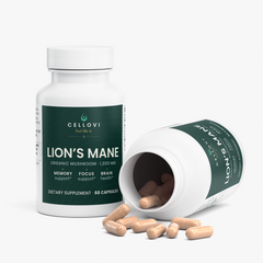 Open bottle of Cellovi Lion's Mane spilling capsules, organic Hericium erinaceus fruiting body and mycelium