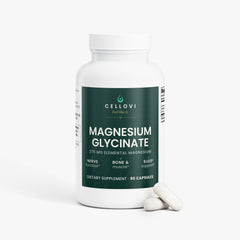 Cellovi Magnesium Glycinate bottle with two capsules: three capsules 30 to 60 minutes before bed