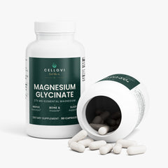 Open bottle of Cellovi Magnesium Glycinate spilling capsules, 275 mg elemental magnesium per serving