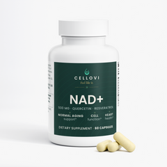 Cellovi NAD+ bottle with capsules, 500 mg NAD+ with quercetin and resveratrol: two capsules each morning (3-month supply)