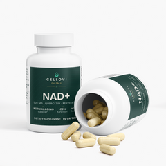 Open bottle of Cellovi NAD+ spilling capsules, nicotinamide adenine dinucleotide, 60 capsules