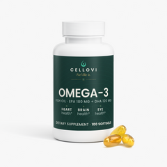 Cellovi Omega-3 Fish Oil bottle with three softgels
