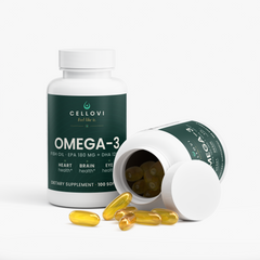 Two Cellovi Omega-3 Fish Oil bottles, one open with softgels spilling out