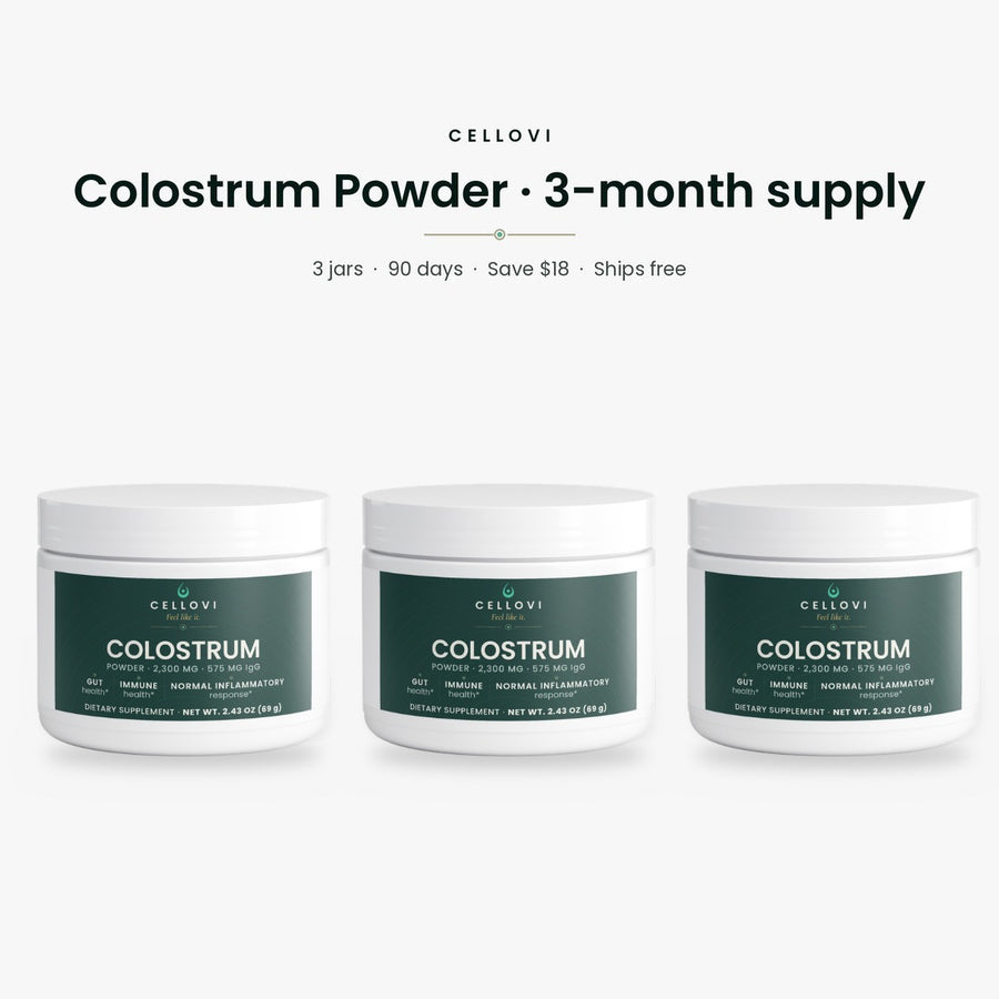 Cellovi Colostrum Powder 3-month supply: 3 jars, 90 days, save $18, ships free