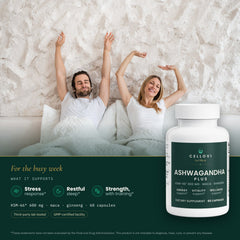 Cellovi Ashwagandha Plus with a lifestyle photo and what it supports: stress response, restful sleep and strength with training