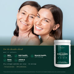 Cellovi Grass-Fed Collagen Peptides with a lifestyle photo and what it supports: skin health, hair health (early research), muscle health with training, bone health, and joints and tendons
