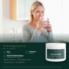 Cellovi Colostrum Powder with a lifestyle photo and what it supports: gut health, immune health and normal inflammatory response (early research)