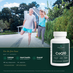 Cellovi CoQ10 with a lifestyle photo and what it supports: cellular energy, heart health (early research) and overall vitality
