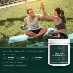 Cellovi Creatine Monohydrate with a lifestyle photo and what it supports: muscle strength, lean body mass and cellular energy