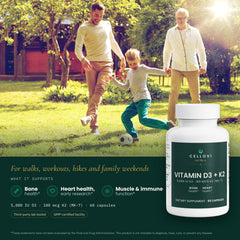 Cellovi Vitamin D3 + K2 with a lifestyle photo and what it supports: bone health, heart health (early research), and muscle and immune function