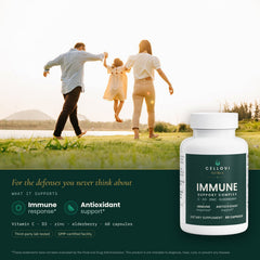 Cellovi Immune Support Complex with a lifestyle photo and what it supports: immune response and antioxidant support