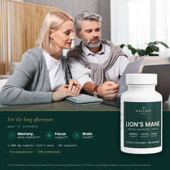 Cellovi Lion's Mane with a lifestyle photo and what it supports: memory (early research), focus and brain health