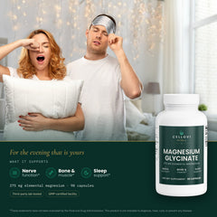 Cellovi Magnesium Glycinate with a lifestyle photo and what it supports: nerve function, bone and muscle, and sleep
