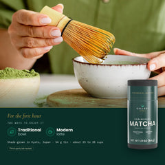 Cellovi Ceremonial Matcha tin with hands whisking matcha, and two ways to enjoy it: traditional bowl and modern latte