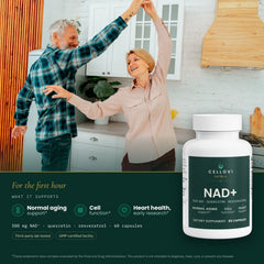 Cellovi NAD+ with a lifestyle photo and what it supports: normal aging, cell function and heart health (early research)