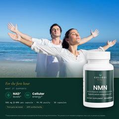 Cellovi NMN with a lifestyle photo and what it supports: NAD+ levels and cellular energy