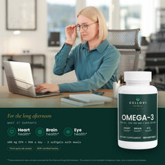 Cellovi Omega-3 Fish Oil with a lifestyle photo and what it supports: heart, brain and eye health