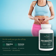 Cellovi Probiotic 40 Billion with a lifestyle photo and what it supports: digestive health and immune defenses