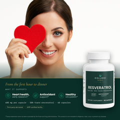 Cellovi Resveratrol with a lifestyle photo and what it supports: heart health (early research), antioxidant support and healthy circulation