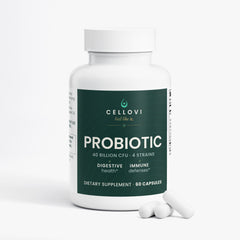 Cellovi Probiotic 40 Billion bottle with capsules, 40 billion CFU from 4 named strains: one by day, one in the evening