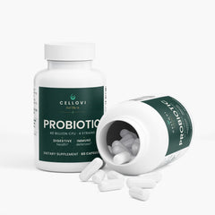 Open bottle of Cellovi Probiotic 40 Billion spilling capsules, with FOS prebiotic fiber, 60 capsules