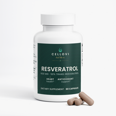 Cellovi Resveratrol bottle with two capsules, 600 mg with 50% trans-resveratrol: one at breakfast, one at dinner