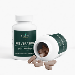Open bottle of Cellovi Resveratrol spilling capsules, from Japanese knotweed root (Polygonum cuspidatum)