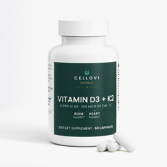 Cellovi Vitamin D3 + K2 bottle with capsules, 5,000 IU D3 and 100 mcg K2 (MK-7): one capsule with breakfast