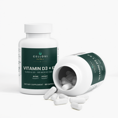 Open bottle of Cellovi Vitamin D3 + K2 spilling veggie capsules, 60 capsules