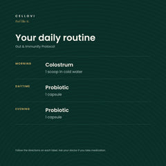 Gut & Immunity Protocol daily routine: probiotic day and evening, colostrum once daily