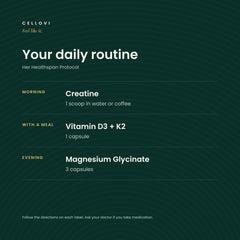 Her Healthspan Protocol daily routine: creatine in the morning, D3 + K2 with a meal, magnesium in the evening