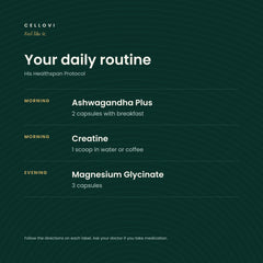 His Healthspan Protocol daily routine: ashwagandha with breakfast, creatine daily, magnesium in the evening
