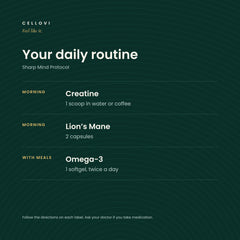Sharp Mind Protocol daily routine: creatine in the morning, lion's mane daily, omega-3 with meals